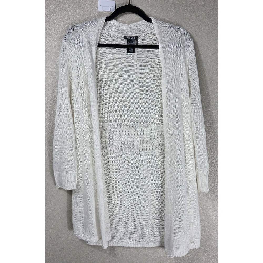 NIC+ZOE Linen Blend Open Cardigan Sweater Women's Small Ivory Lightweight Duster